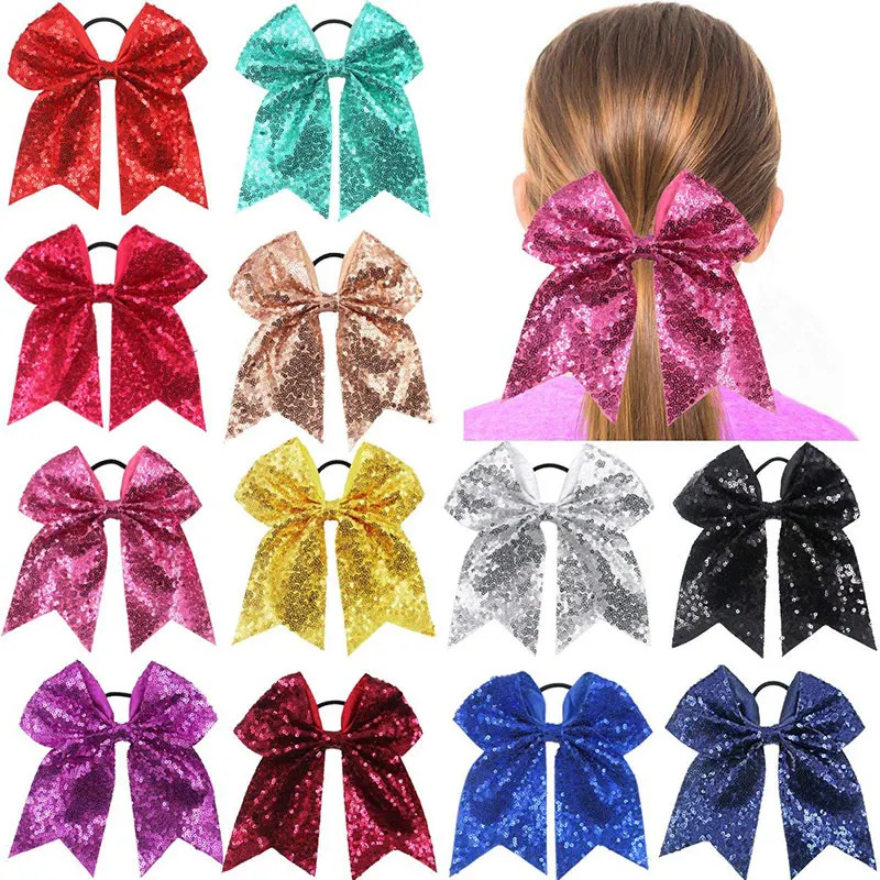 8pcs lot 8 rainbow unicorn sequin cheer bow with elastic band 8 glitter printed hair bow headband children party hair accessory 7