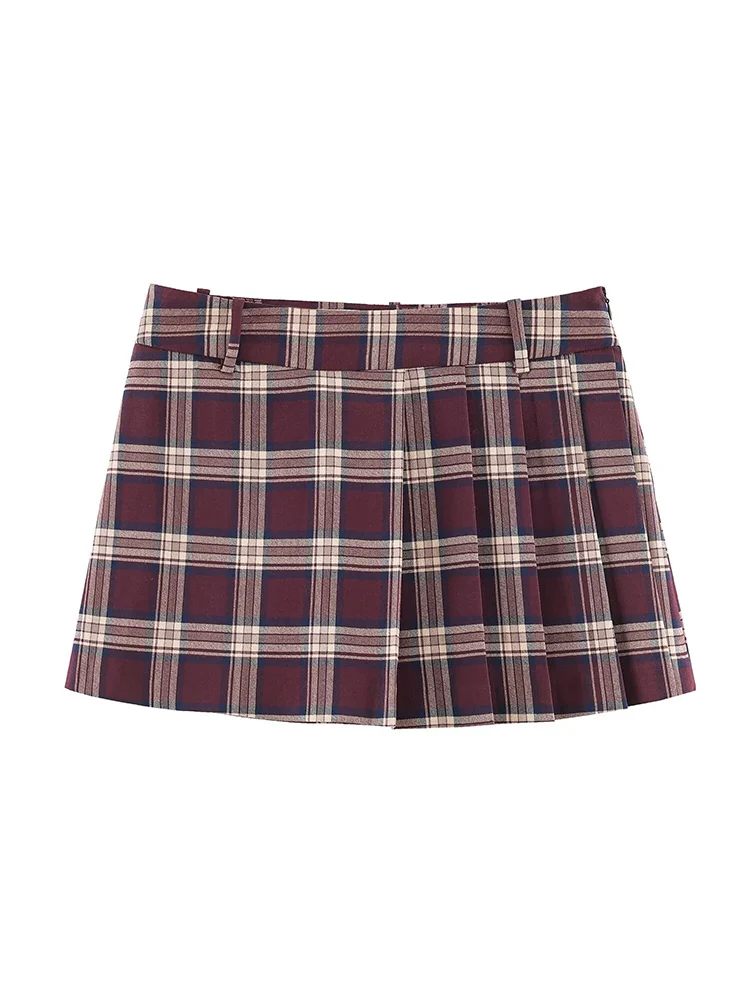 New Women's Plaid Skirts Suit Casual Faux Leather  Neck Loose Jacket Coat Mini Pleated Shorts Skirt Two-Piece Set Fashion Set