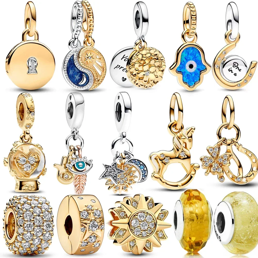 

925 Sterling Silver Pave Gold Sun Charm Fit Bracelet Original Heart Snowball Split Yin&Yang Pendant Charm Fine Jewelry