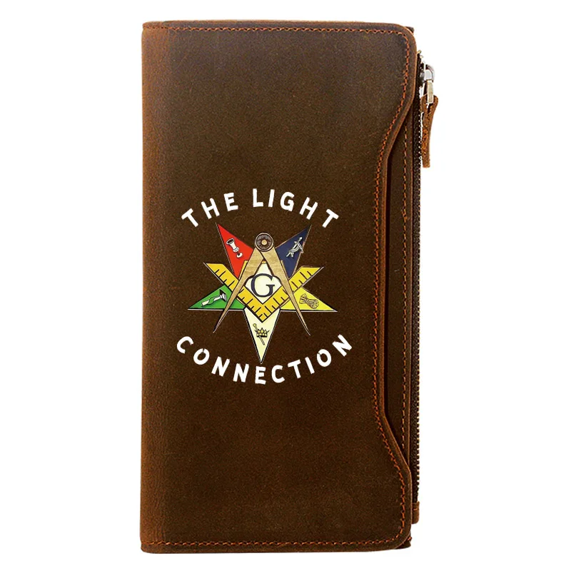 Freemasonry The Light Connection Printing Men Long Wallets Zipper Large Capacity Genuine Leather Male Purse Clutch Bag BI096
