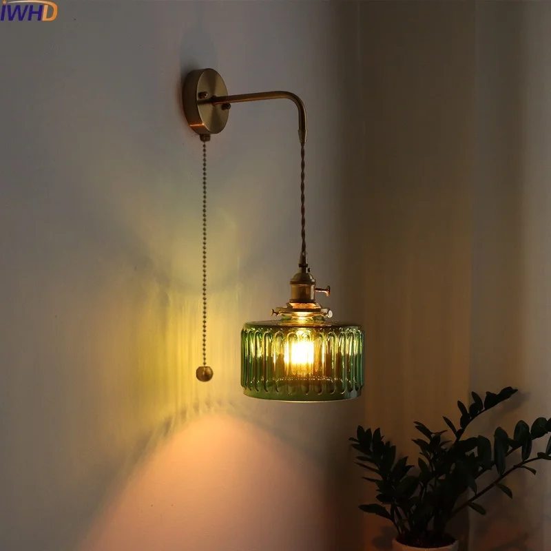 IWHD Green Glass Copper LED Wall Lights For Bedroom Hallway Balcony Vintage Wall Lamp Pull Chain Switch Lampara Mesita Noche Led Wall Lamp Wall Sconces Light Wall Lamp