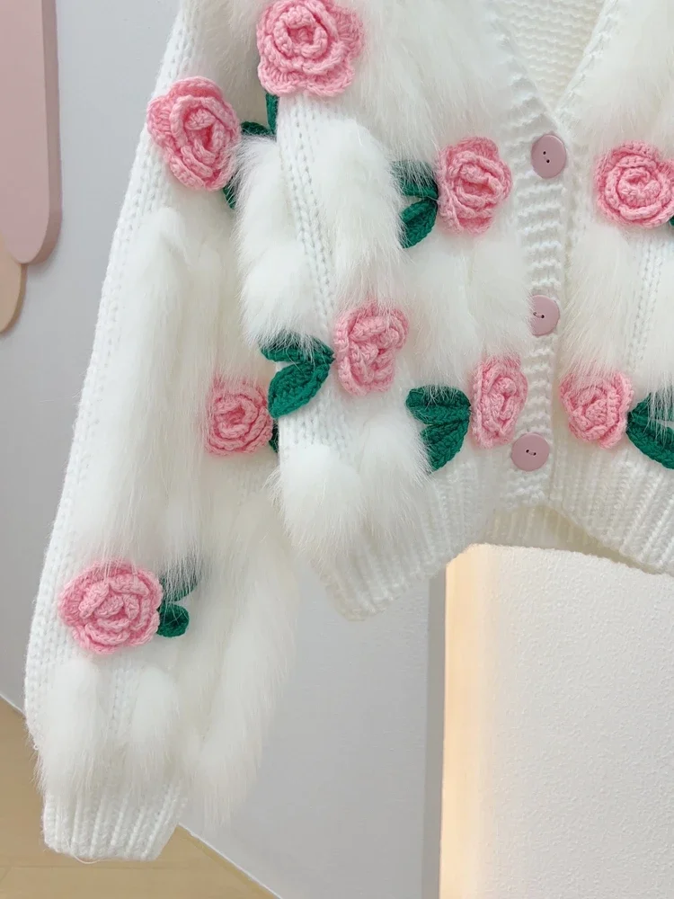 Splicing Real Fox Fur Short Cardigan Coat Female 2023 Autumn Long Sleeve Top Women's Clothes Knitted Flowers Wool Outerwear Slim
