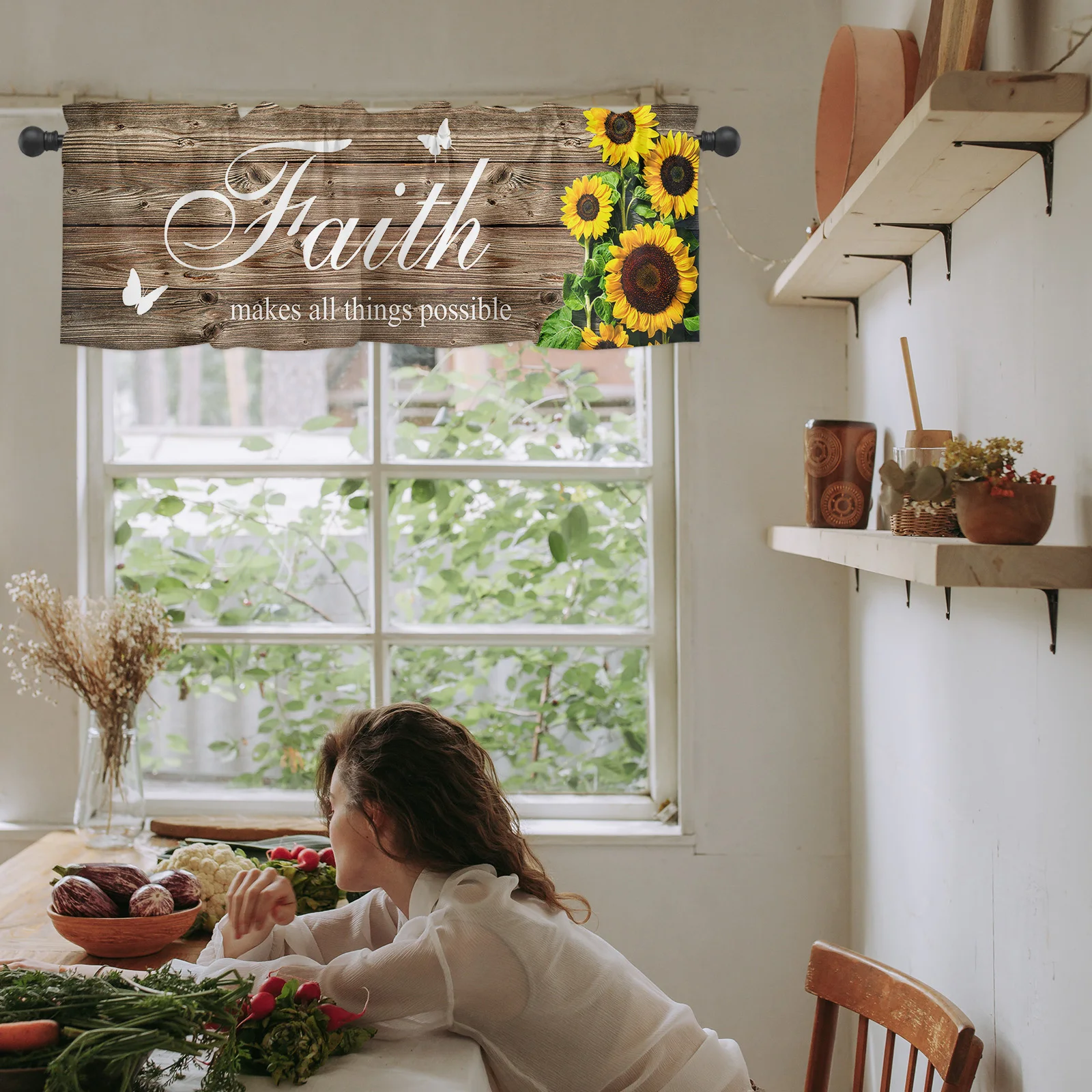 Valances for Kitchen Living Room Small Window Valance Faith Makes All Things Possible Sunflower on a Wooden Board 1 Panel 6