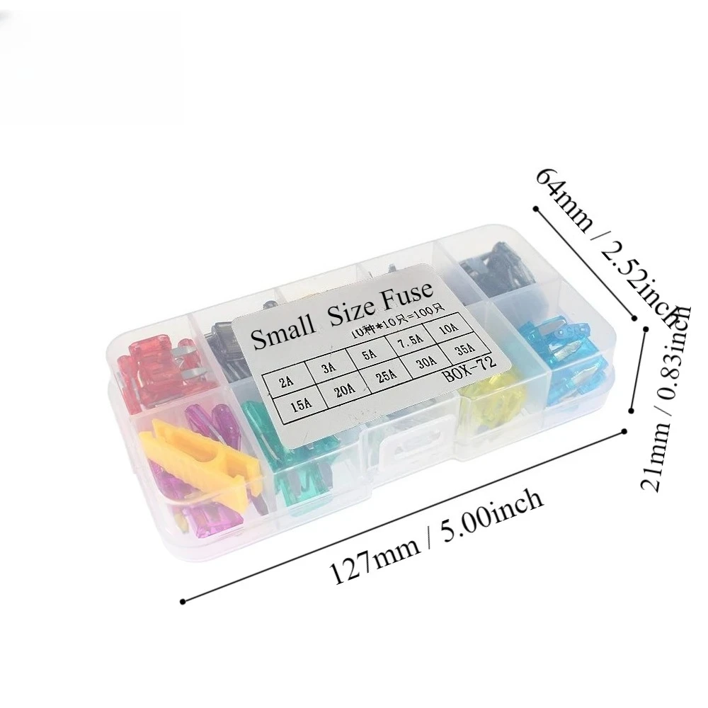 10/100PCS Small Size Car Fuse Assortment Set Profile 5A 7.5A 10A 15A 20A 25A 30A 35A 40A Profile Blade Type Fuses with Clip