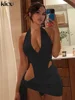 Kliou Solid Deep V sexy Two Piece Sets Midnight Club Halter Top And Skirt Backless Summer Partywear Hollow Out Ruched Women Set 3