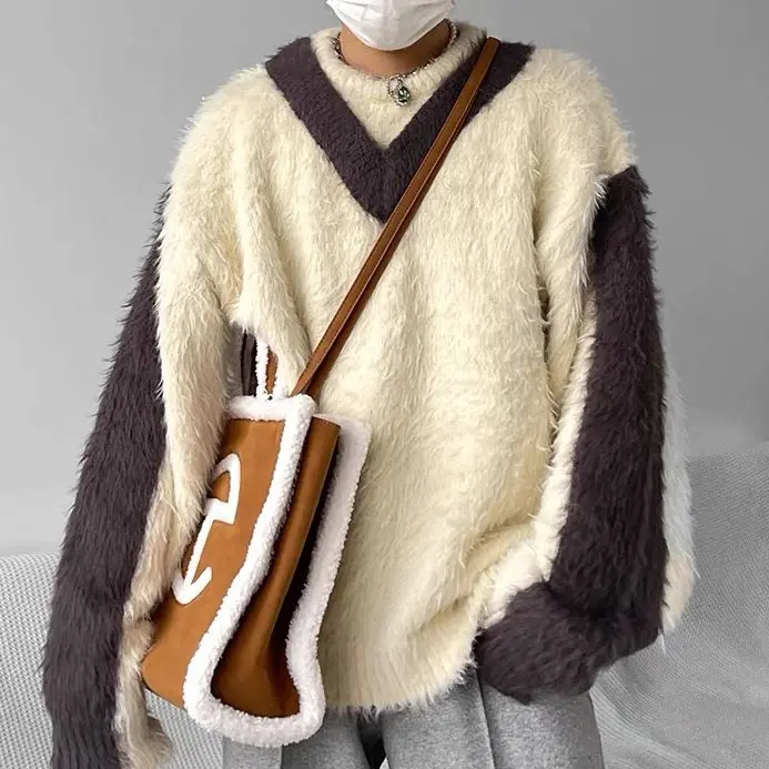 

Women O-Neck Sweater Autumn Winter New Fashionable All-Match Loose Blended Color Matching Sweater Vintage Long Sleeve Chic