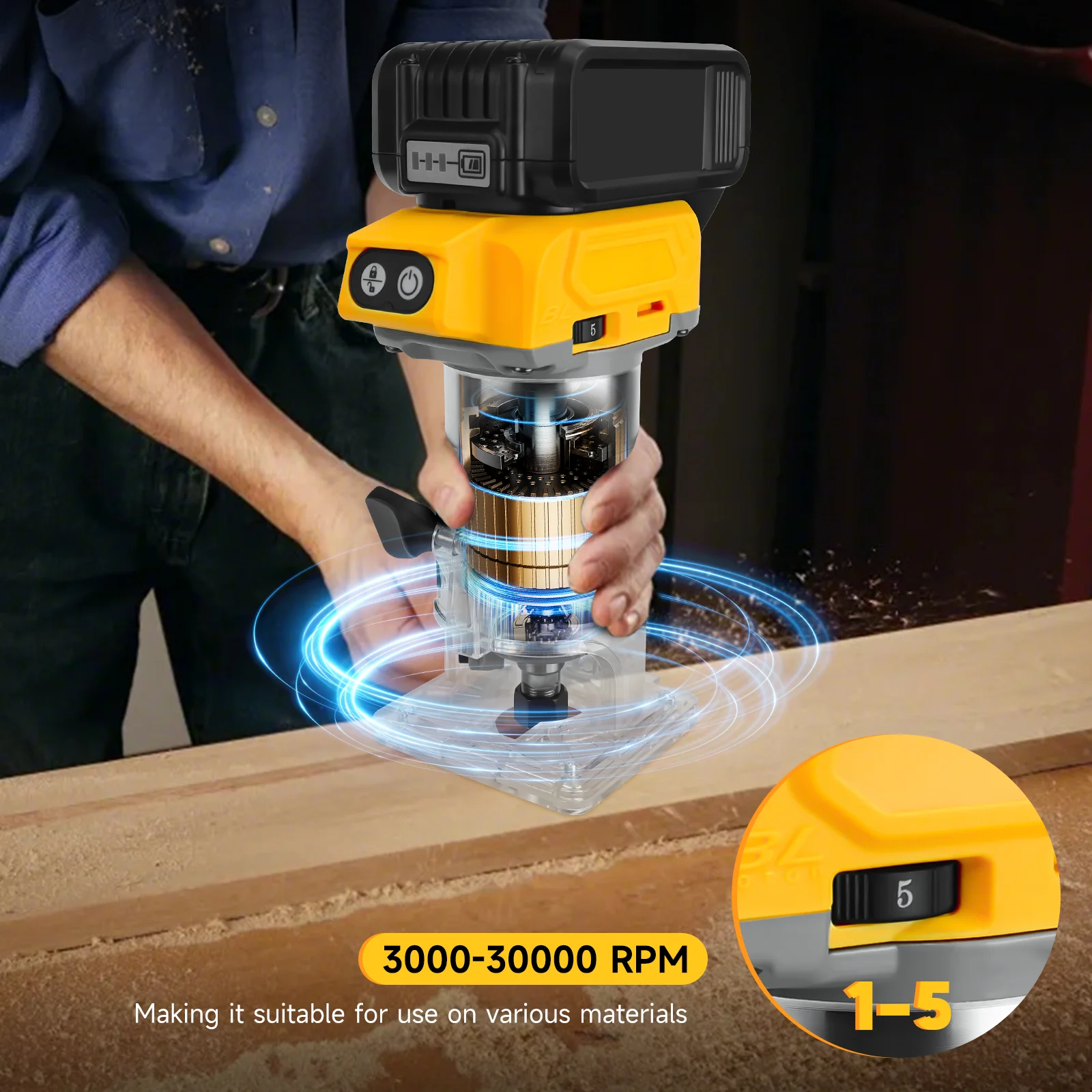 브러시리스 목공 라우터 머신 전동 트리머 800W 30000RPM 5단 속도 조절 목공 트리밍 그루빙 (디월트 20V 배터리 호환)