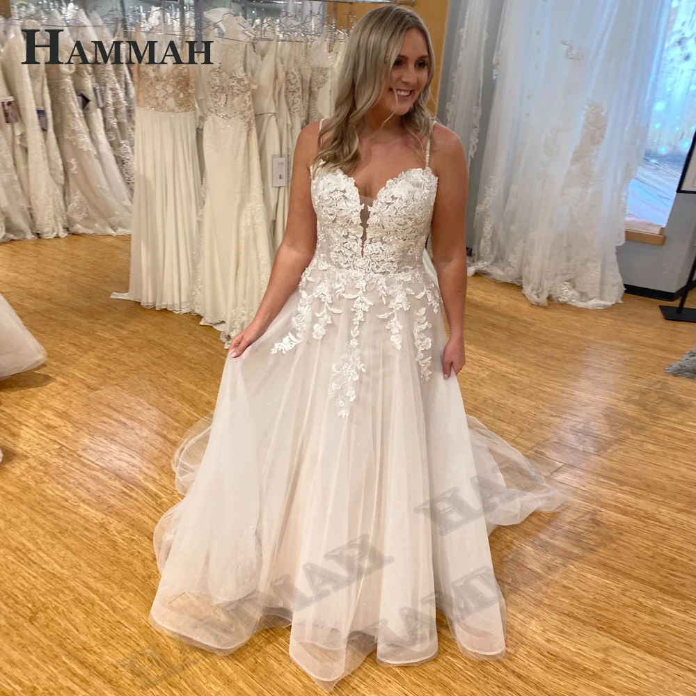 

HAMMAH Deep V Neck Spaghetti Strap Wedding Dresses For Women 2023 Bride Appliques A Line Court Train Lacing Up Personalised