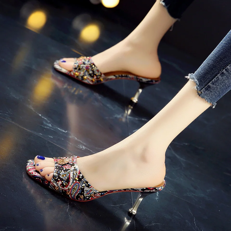 Women Sandals Embroidery Summer Women High Heels Sandals Open-toepeep High Heels Ladies Sandals Personalized Rhinestone Stiletto