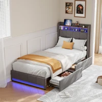 Lit avec bande lumineuse LED 90x200cm, lit double en tissu lin avec tiroirs, 2 ports USB et port de charge Type-C, cadre rembourré (matelas non inclus), gris/beige 4