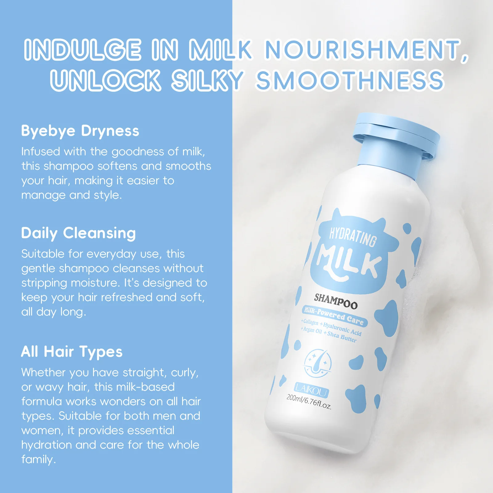 LAIKOU Milk Moisturizing Shampoo, Thick Foam, Fresh Fragrance, Super Cleaning Power, Smooth and Moisturizing.