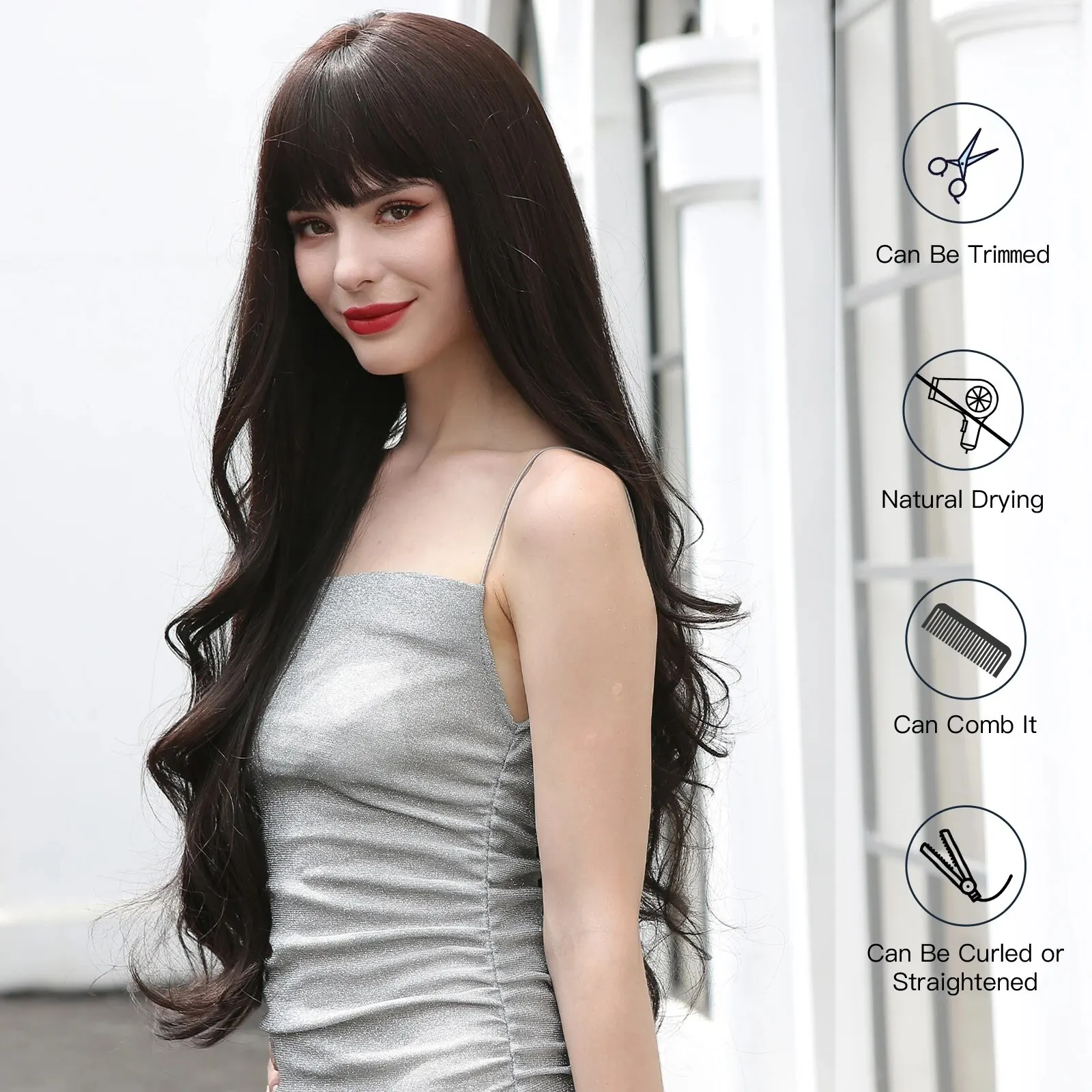 Perruques Synthétiques Noires Super sulfpour Femme, Cheveux Ondulés Naturels avec Frange, Perruque Femme Cosplay, Perruques en Fibre de Degré de Chaleur