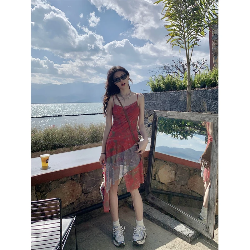 

MEXZT Vintage Floral Irregular Midi Dress Women Y2K Mesh Patchwork One Pieces Dresses Summer Vacation Strap Bodycon Vestidos New