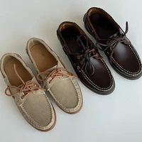 Dave&Di French Lazy Minimalist Oil Wax Cowhide Handmade Loafers Flat Shoes, Vintage Sailor Mocasin Shoes Men's Shoes 1