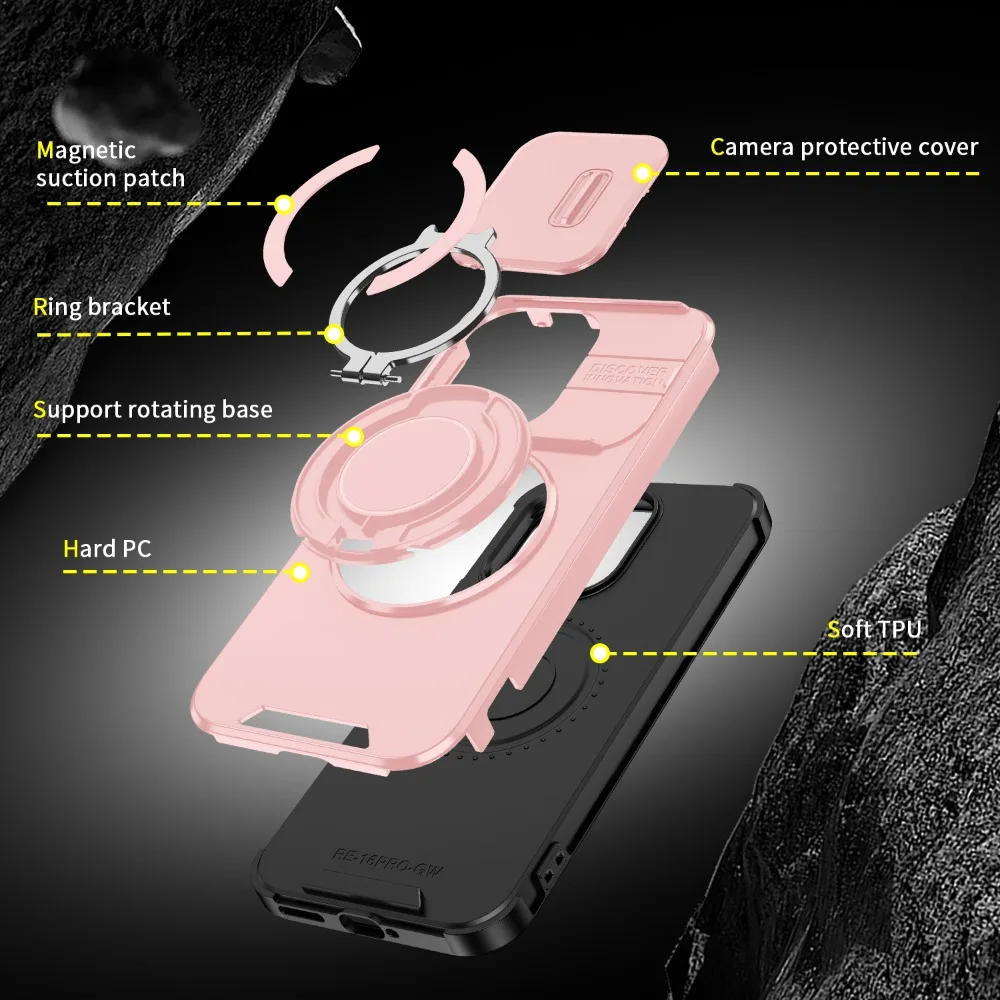 Slide Camera Cover 360° Ring Holder Shockproof Armor Phone Case with Magnetic Car Mount Compatibility