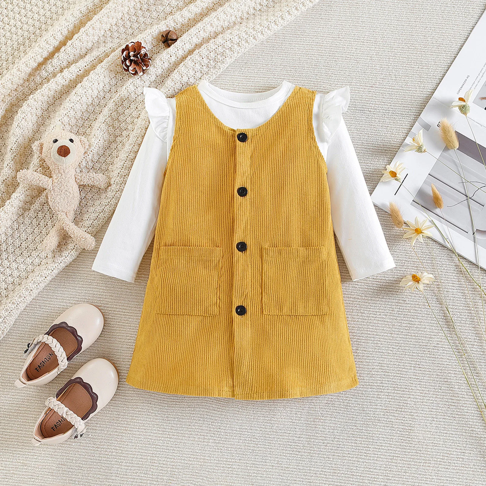 

Kids Dress Set Baby Girls Long Sleeve Autumn Solid White Romper Tops And Vest Dress 2PCS Outfits Clothes Set For Children Sets