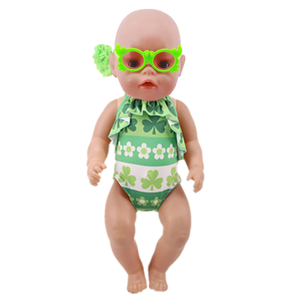 Traje de baño de flamenco + gafas de sol de oreja de conejo para muñeca de 18 pulgadas, regalo de muñeca de bebé nacido, accesorios de ropa, artículos de juguetes, 43 Cm, 2 piezas por juego