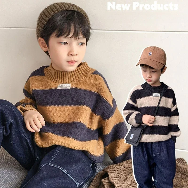 

Boys Woolen Sweater Crochet Cotton Windbreak 2023 Stripe Warm Thicken Autumn Winter Pullover Teenagers Children's Clothing