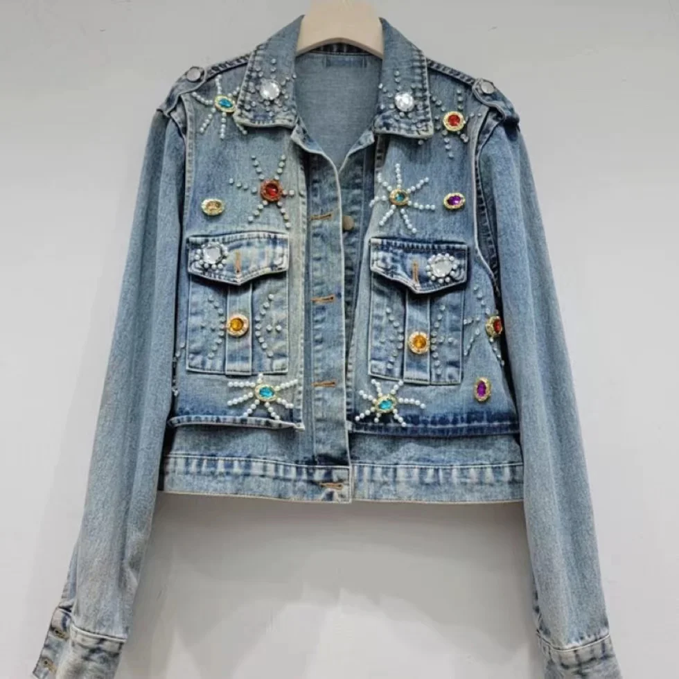 

2023 Autumn High Street Beads Diamonds Denim Jacket Women's New Fashion Jacket Outer Wear Coat