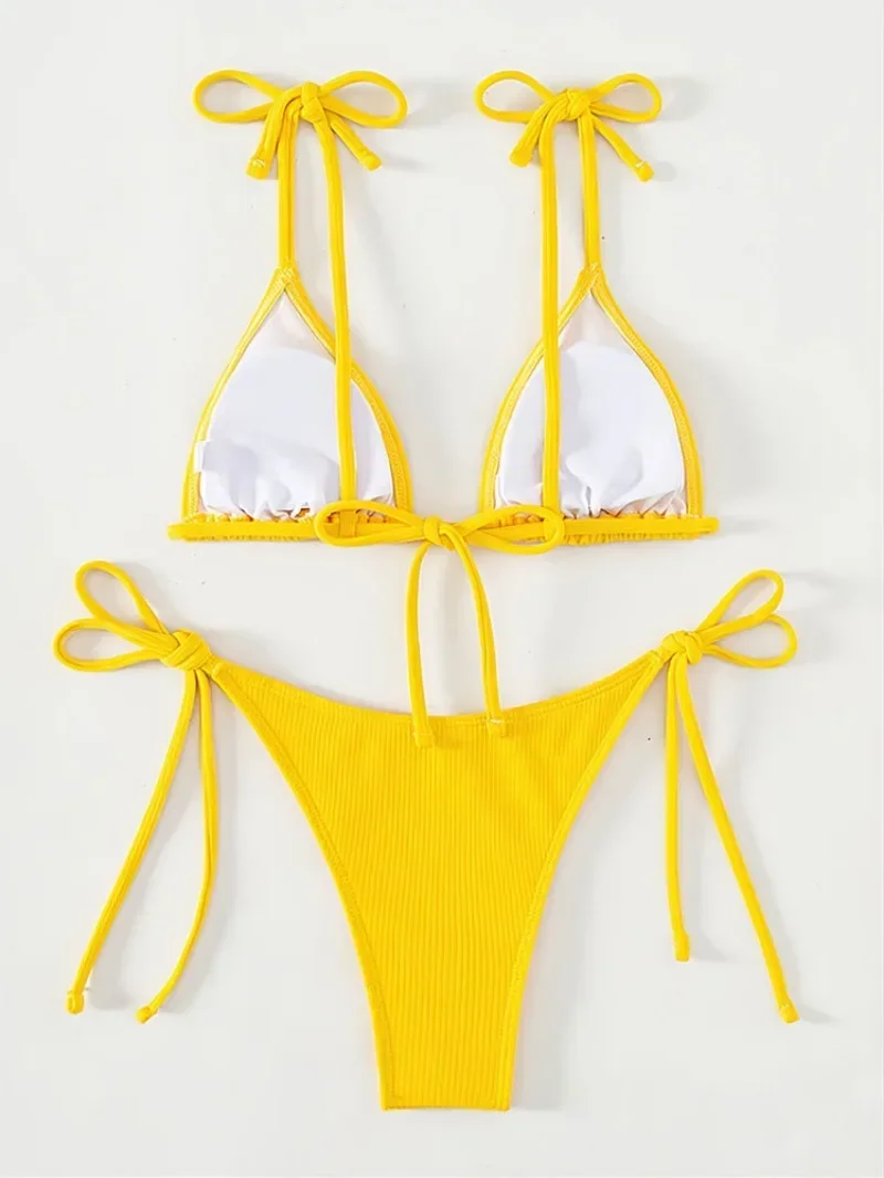 Sexy Yellow Solid Micro Bikinis Sets Triangle Cup Thong Swimsuit Women Bikinis Swimsuits Beachwear Bathing Suits Swimwear Bakini 3