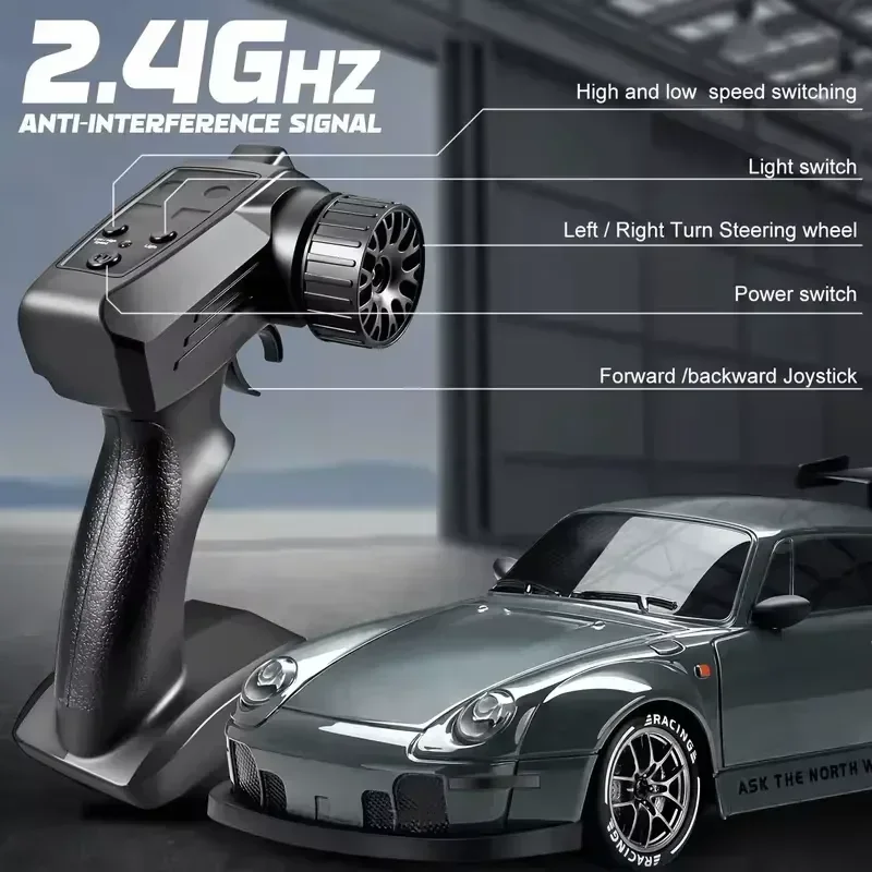 4WD 1:24 반비례식 RC 드리프트 카 - 20KM/H 고속, LED 라이트, 드리프트 타이어 및 도로 장벽 장난감, 어린이 및 성인용