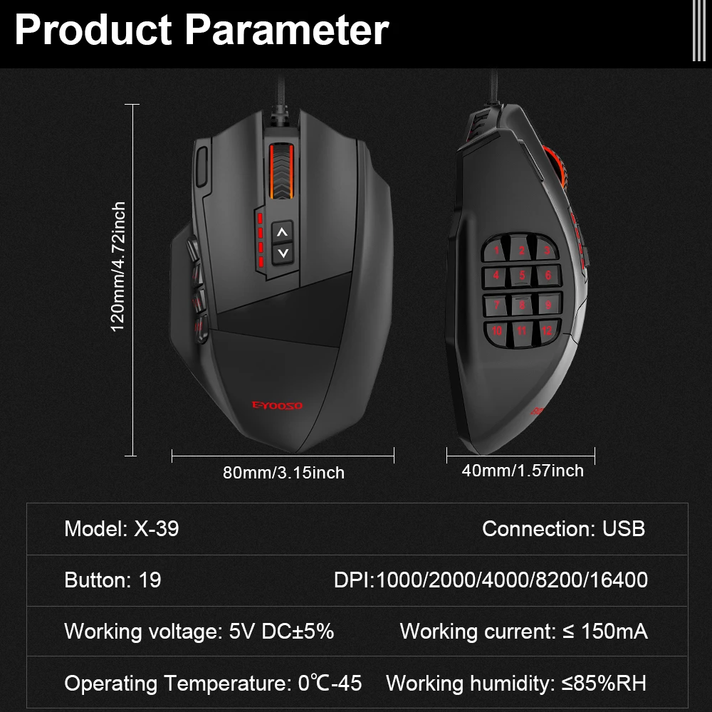 USB Wired RGB Gaming Mouse 16400 DPI 19 buttons programmable for Computer PC Laptop