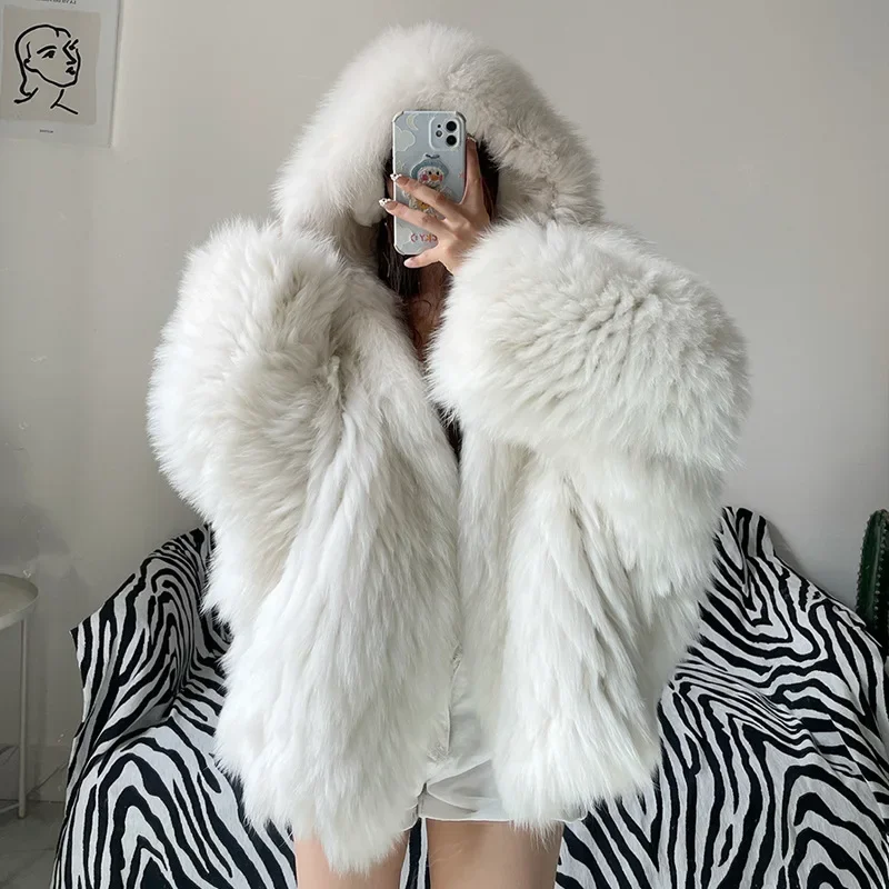 Fox Fur Double-sided Woven Warm Jackets Women's Clothing Coat Hooded Silhouette Genuine Fur Medium Length Thick Sexy Tops 2023