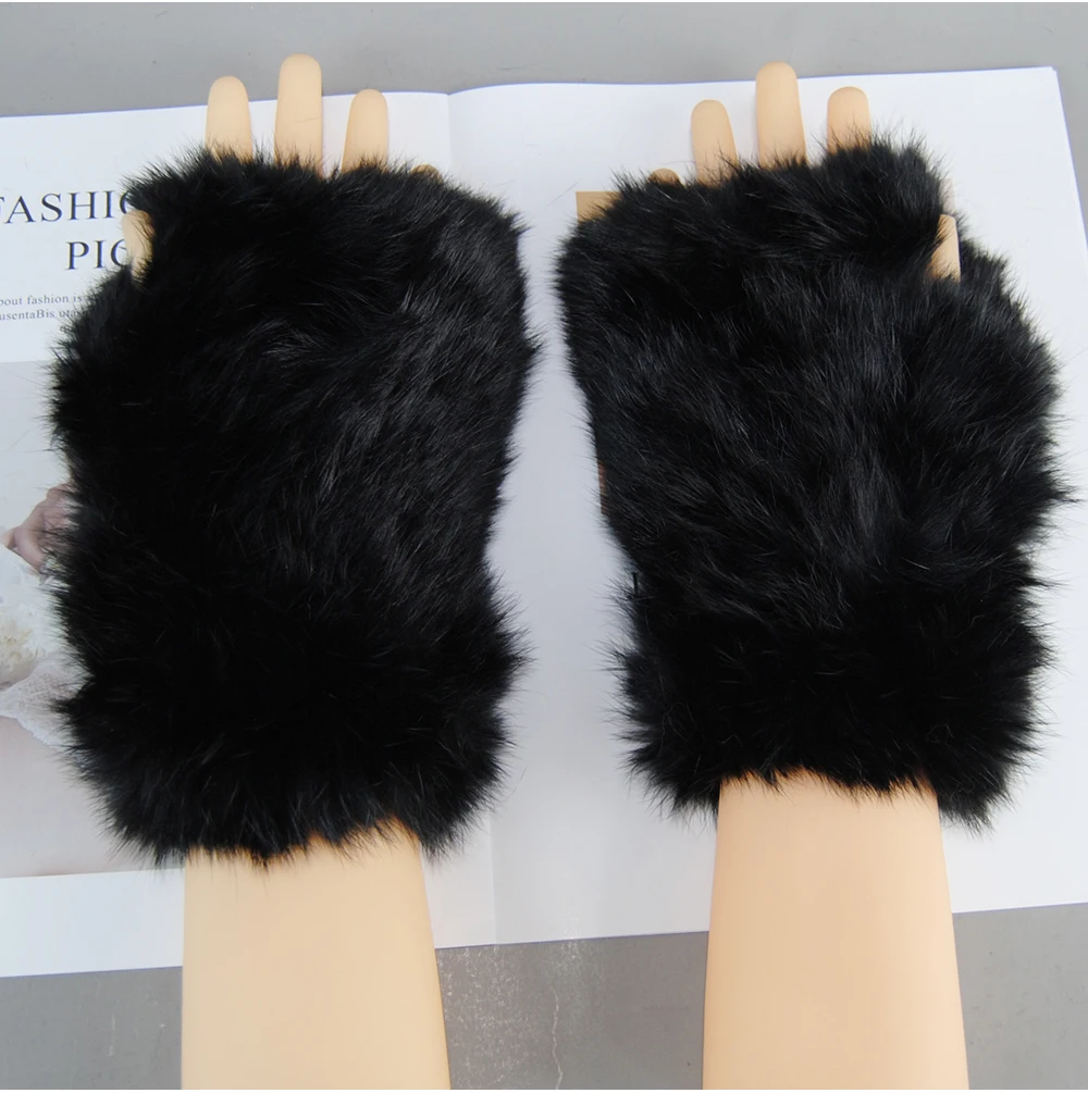 2026 New Fashion Real Rex Rabbit Fur Gloves Women Winter Genuine Fur Mittens Girl Fingerless Gloves Wrist Warmer Elastic Fluffy