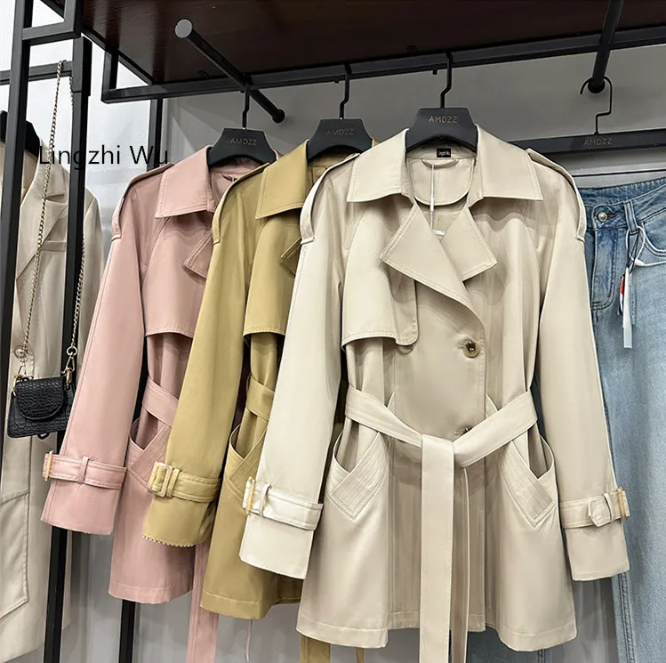 

Lingzhi Wu Trench Spring 2024 Fashion Elegant Slim Casual Belt Coat Medium Length Outerwear Female New Arrival