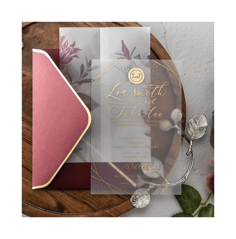 

Luxury European style invitation cards with envelope Gold stamping frosted acrylic invitations greeting card for wedding decor