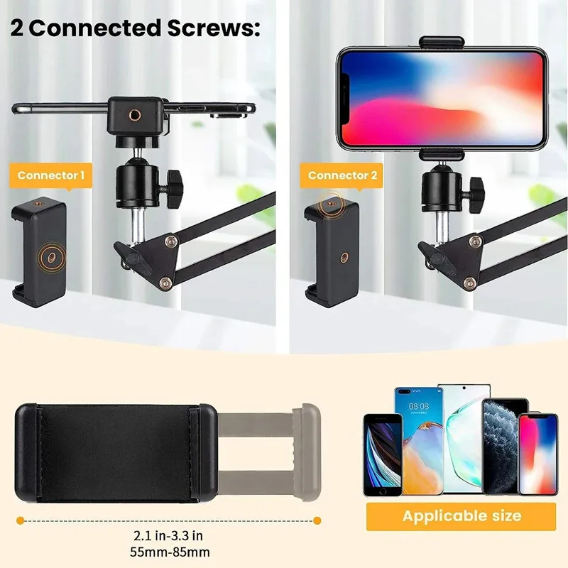 Treppiede con braccio flessibile per supporto telefono da tavolo, pieghevole, con ancoraggio a 360° ° Supporto Girevole per Fotografia e Video da Tavolo per Laptop e Desktop - immagine 3