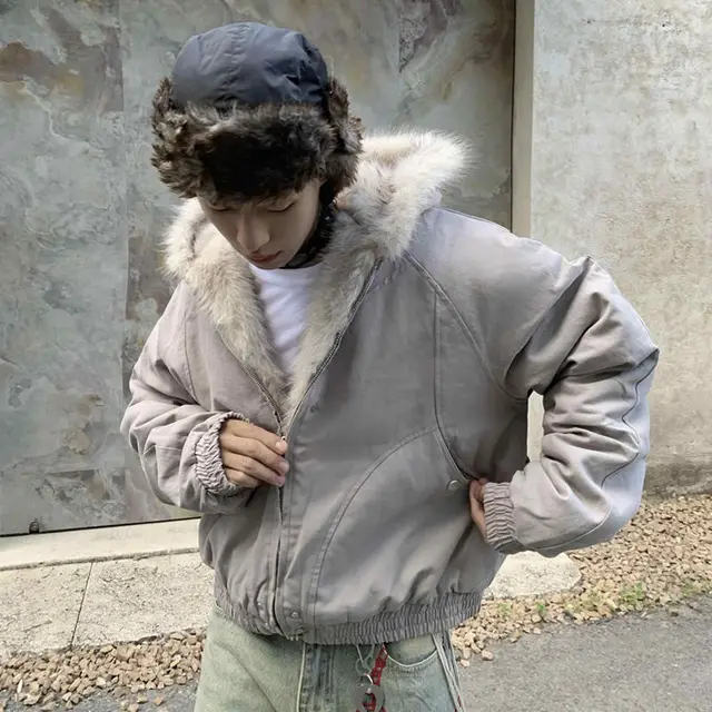American Retro Woolen Collar Hooded Cotton Jacket Winter Thick Plush Top Men Street Hip-Hop Gothic Harajuku Oversize Jacket Coat 3