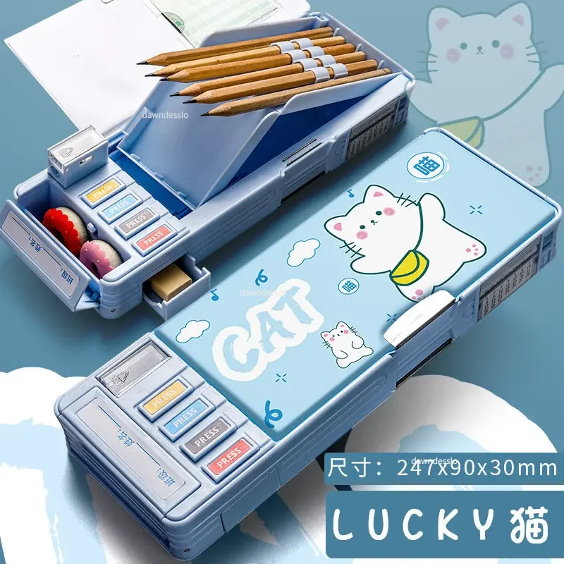 Pencil Cases Kawaii Stationery Multifunction Pen Box Astronaut Cat Dinosaur Double Layer