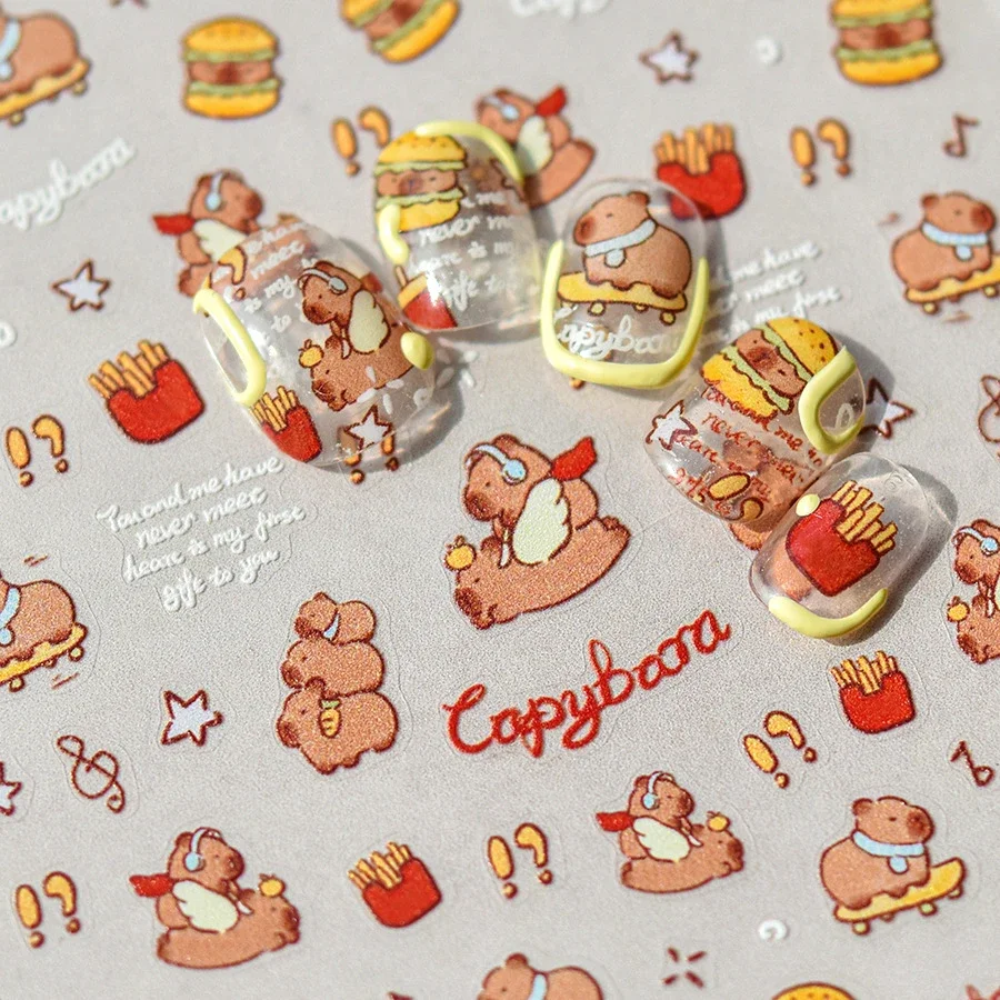 Cartoon Cute Capybara Hamster Brown Kapibala Soft Embossed Reliefs Self Adhesive Nail Art Decoration Stickers 3D Manicure Decals