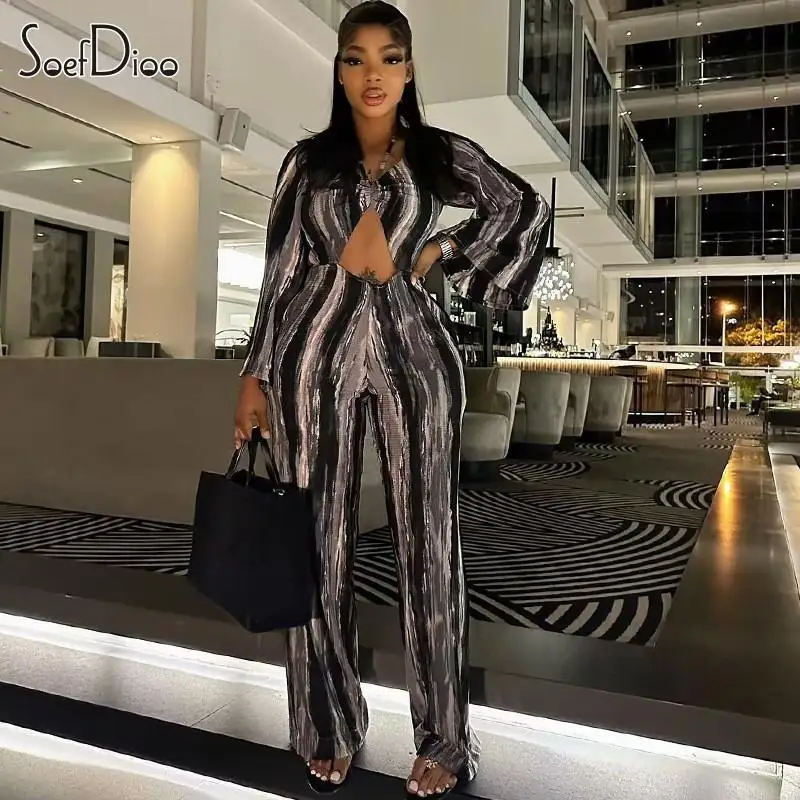 

Soefdioo Striped Printed Jumpsuits Women Fashion Lace Up Hollow Out Wide Leg Pants One Piece Rompers 2024 Spring Street Clubwear