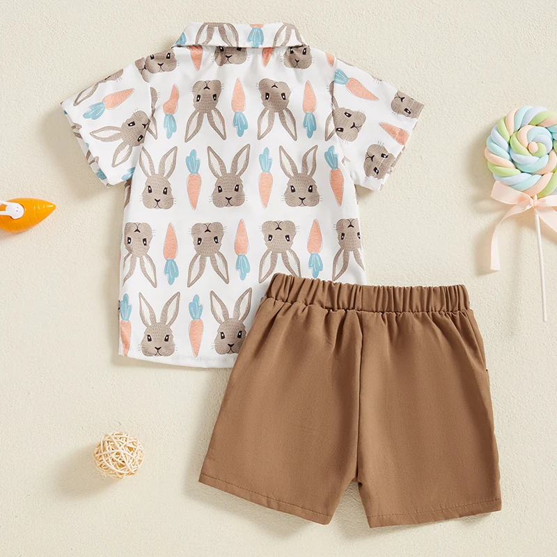 Toddler Baby Boys Easter Outfits Bunny Carrot Pattern Turn Down Collar Short Sleeve Shirt with Shorts 2 Pcs Set for Summer