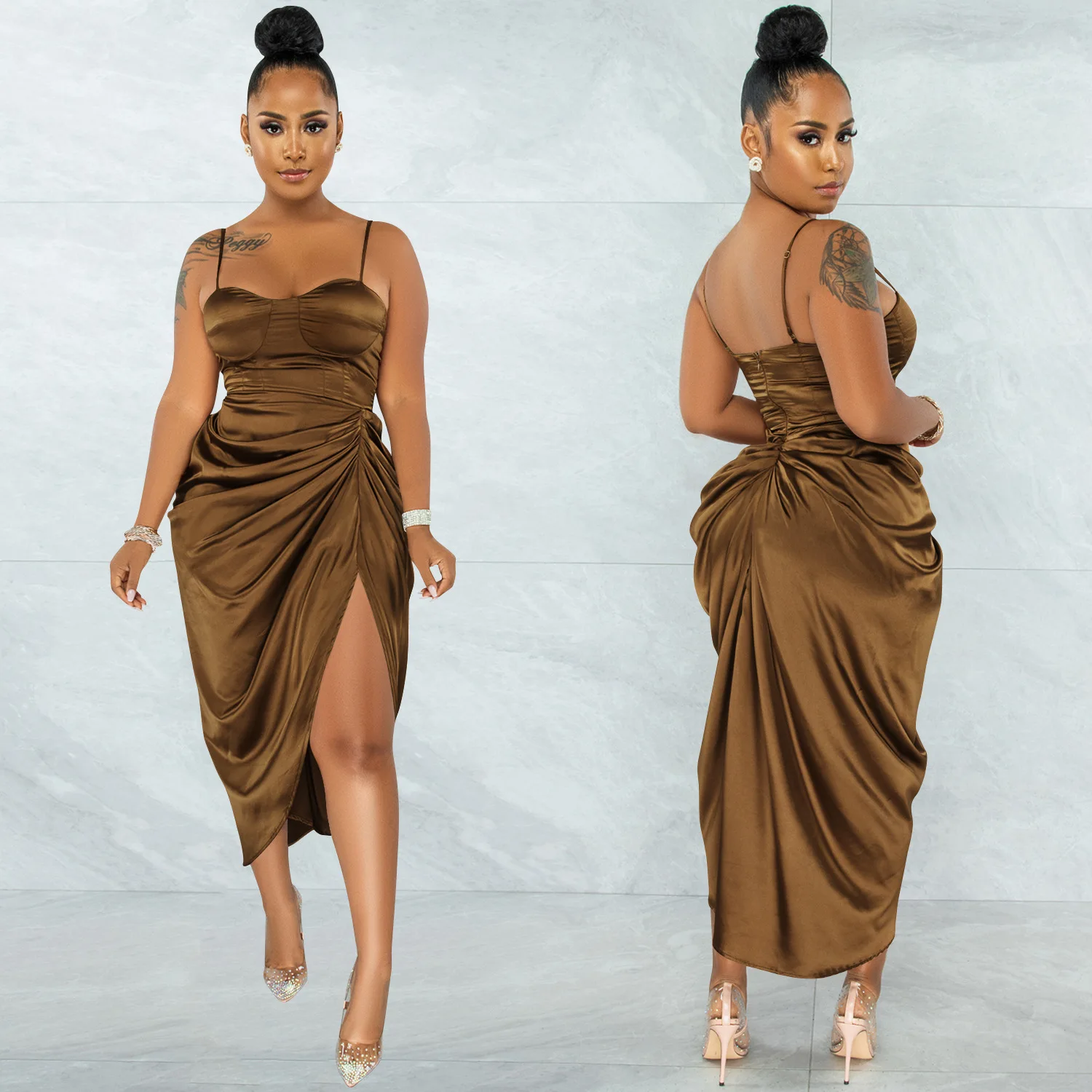 

Women Fashion Strap Solid Color Wrap Ruffled Irregular Patchwork Summer Midi Dresses