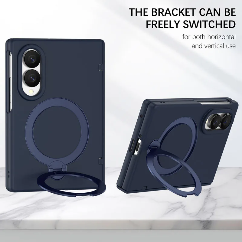Premium Phone Case with Tempered Glass and Rotating Magnetic Alloy Stand, Fingerprint Resistant Cover