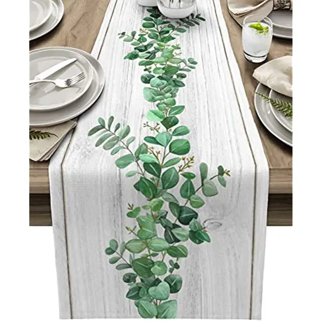 Tavaszi Zöld Virágüzem Fa Gabona Vászon Asztal Futó Esküvői Dekoráció Étkezőasztal Konyhai Party Dekorációhoz