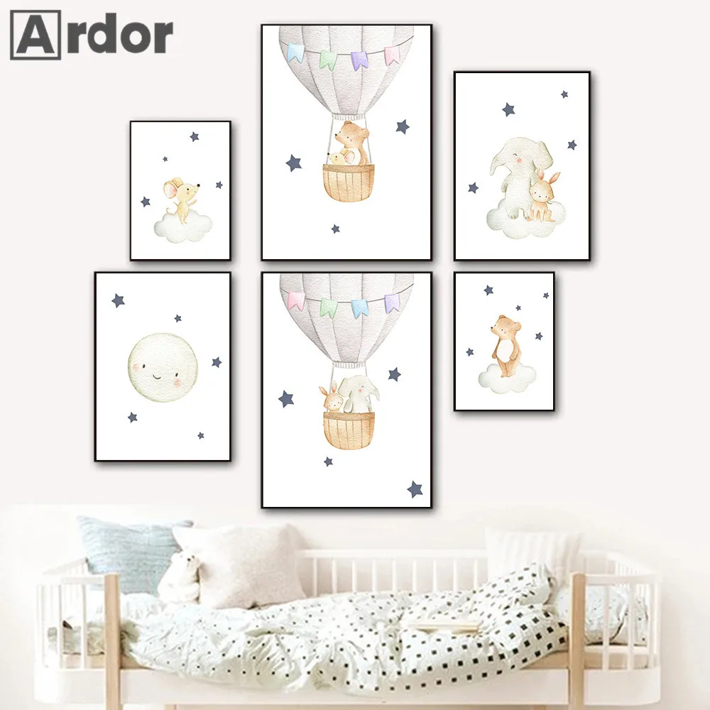 Star Clouds Bear Elephant Wall Art Canvas Painting Hot Air Balloon Posters Nursery Print Nordic Wall Pictures Kids Room Decor pictures kids room cartoon fox koala deer rabbit squirrel nordic posters and prints wall art print canvas painting nursery wall