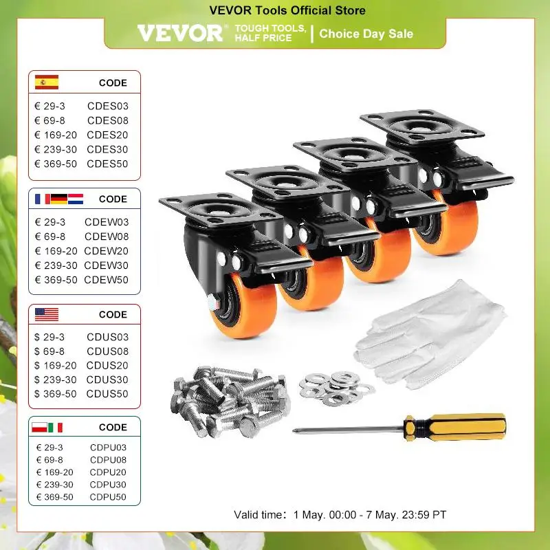 

VEVOR 2/3/4/5/6-inch Swivel Plate Casters Set of 4 with Security Dual Locking PVC Caster Wheels for Cart Furniture Workbench