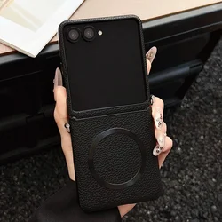 Luxury Lychee Pattern Leather Magnetic Wireless Charging Case with Soft Bumper Shockproof Cover - Galaxy Z Flip5 (Black)