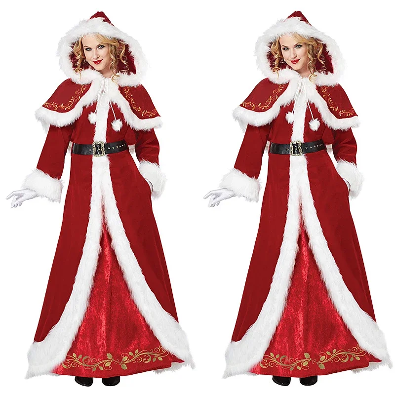 

Large Size Xmas Santa Claus Suit Women Christmas Cos Costume Red Velvet Long Dress With Cloak Xmas New Year Costume For Women