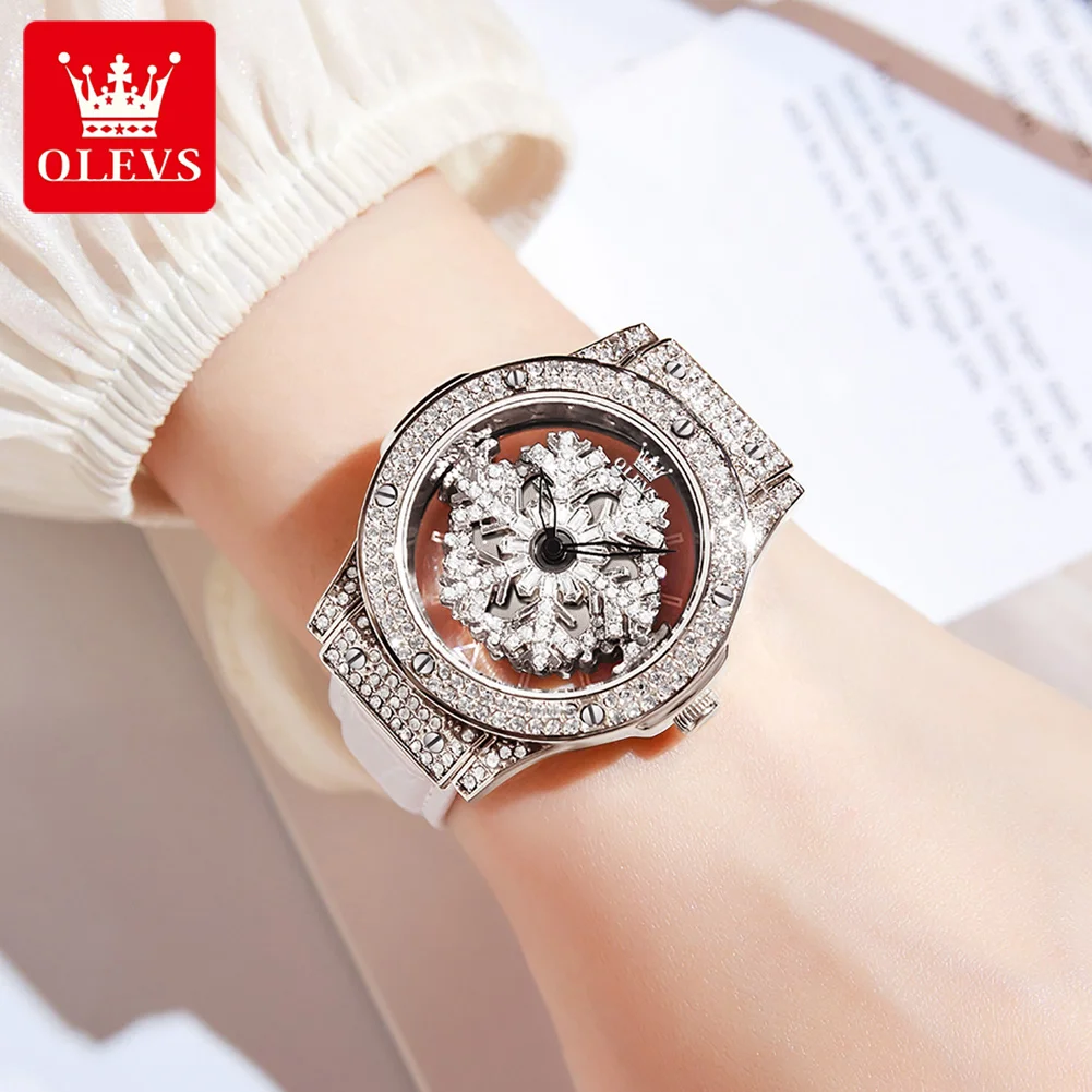 OLEVS Elegant Quartz Watch for Women Luxury Star Snowflake Dial Women's Watches Leather Strap Fashion Ladies Wrist Watches Clock