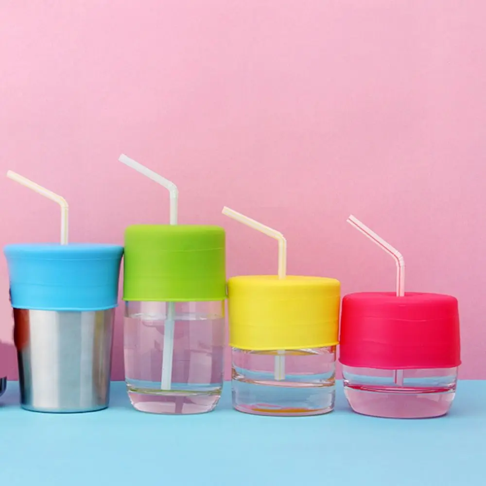 

With Straw Hole Silicone Sippy Cup Lid Durable Elastic Colorful Straw Cup Cover Spill-Proof BPA Free Water Bottle