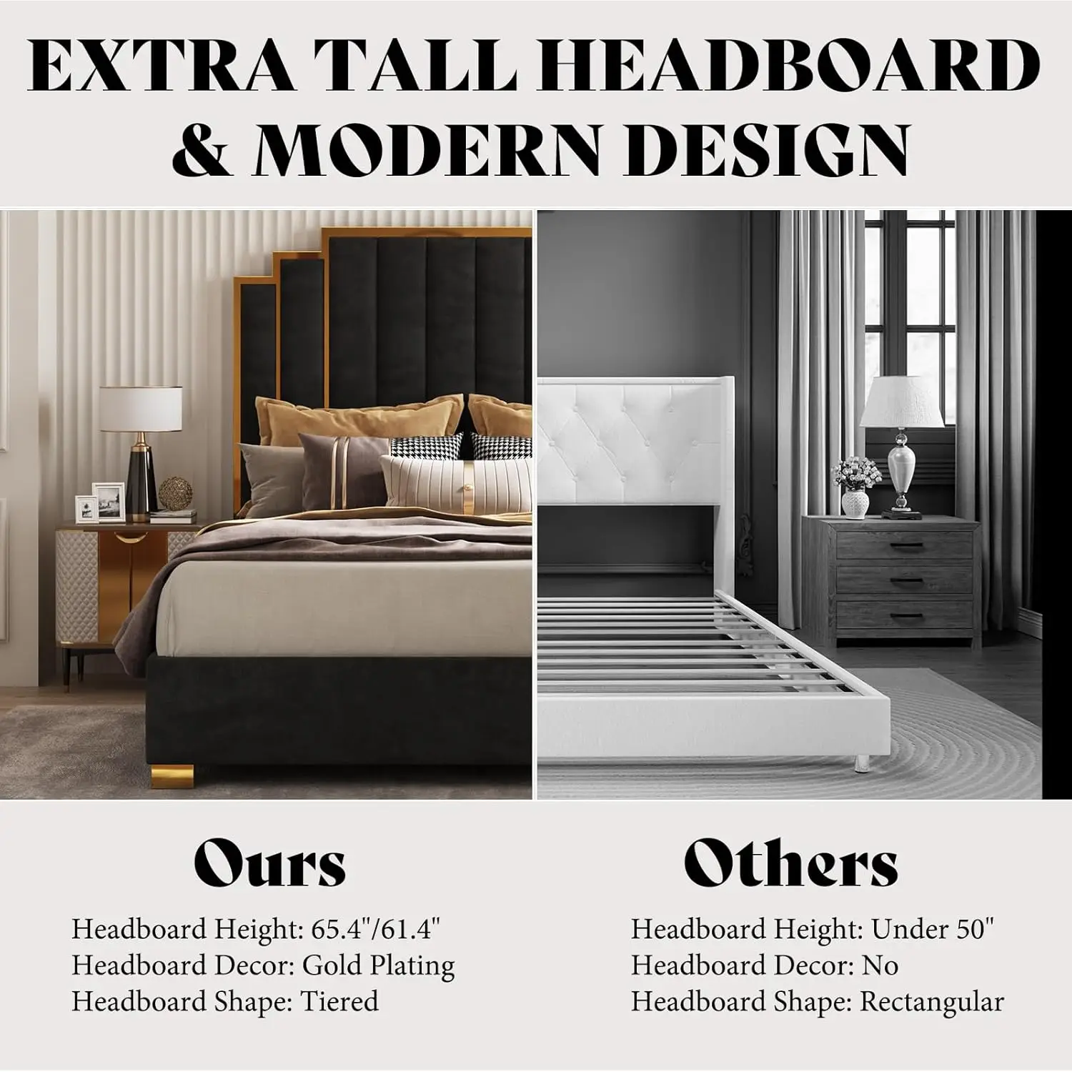 King Size Upholstered Bed, Velvet Beds Frame with 65.4” Tall Gold Trim Headboard, No Box Spring Needed, Bed Frame 5
