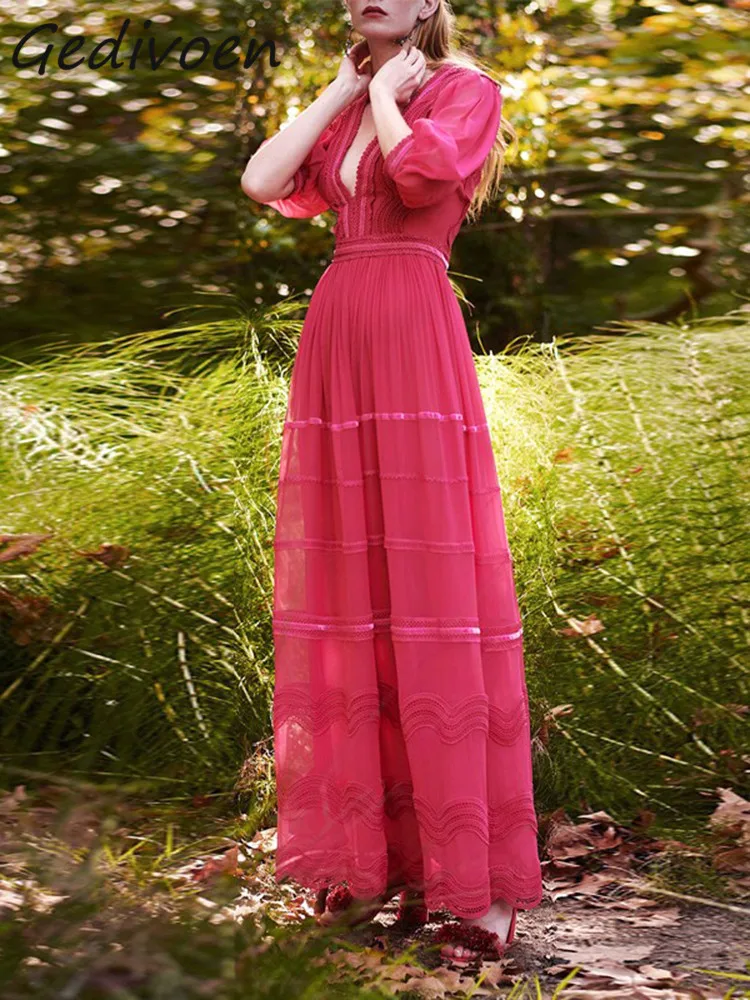 

Gedivoen Fashion Designer Summer Vintage Dress Women's Lace V-neck High Waist Spliced Ruffles Party Rose Red Medium Long Dress