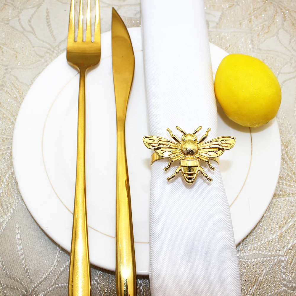 6Pcs Gold Napkin Rings Cute Bee Napkin Ring Holders for