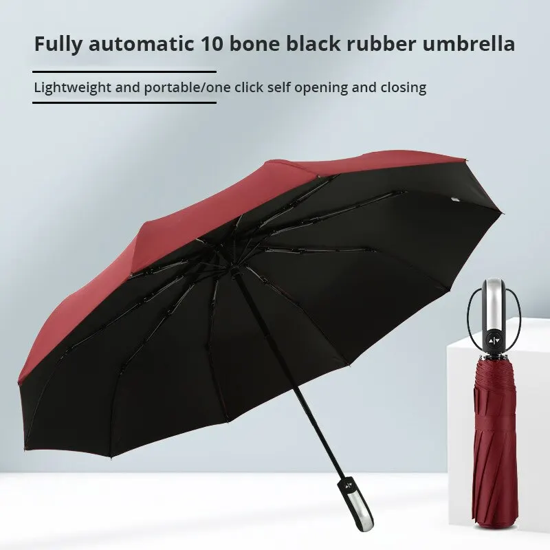 Folding Umbrella 1PC Ten Bone Automatic Black Glue Reinforcement And Thickening For Sun And Rain Protection