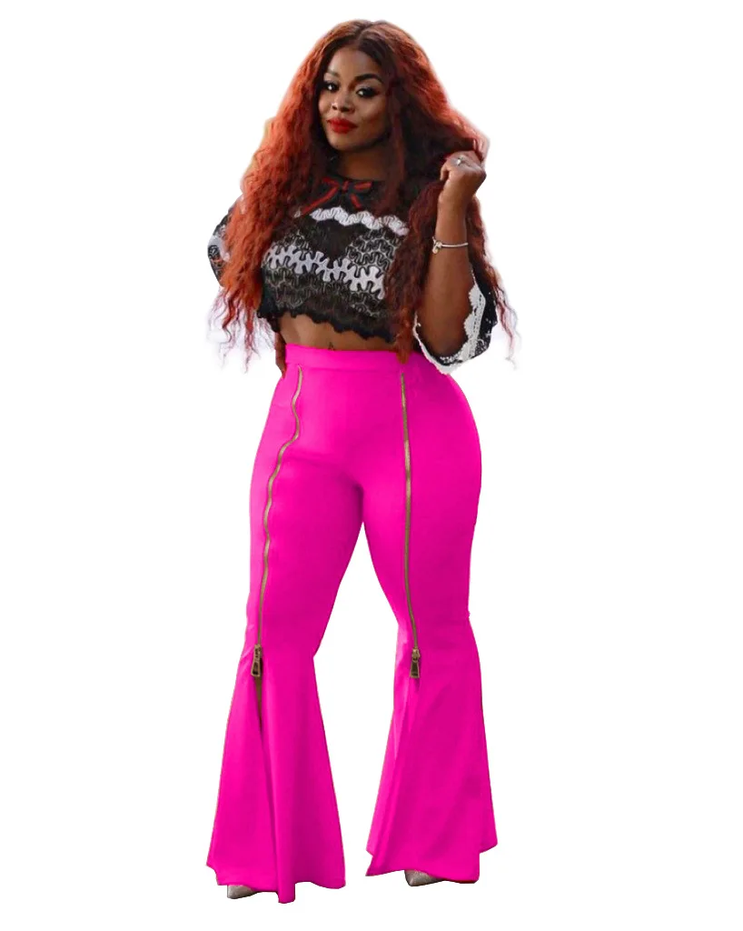 Women's Fashion High-waisted Slimming Flounces Flared Zipper Solid Color Casual Wide-leg Pants